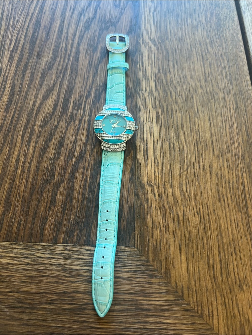 Adrienne Turquoise Rhinestone Watch – Genuine Leather Band – Needs Battery